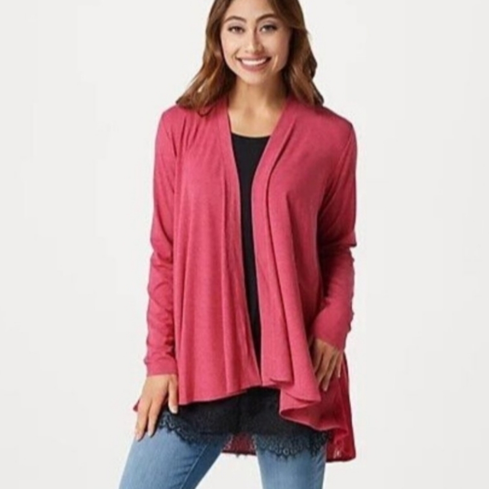 LOGO Lounge Lori Goldstein Open Front Lace Back Cardigan Rose Red Plus Size 1X
